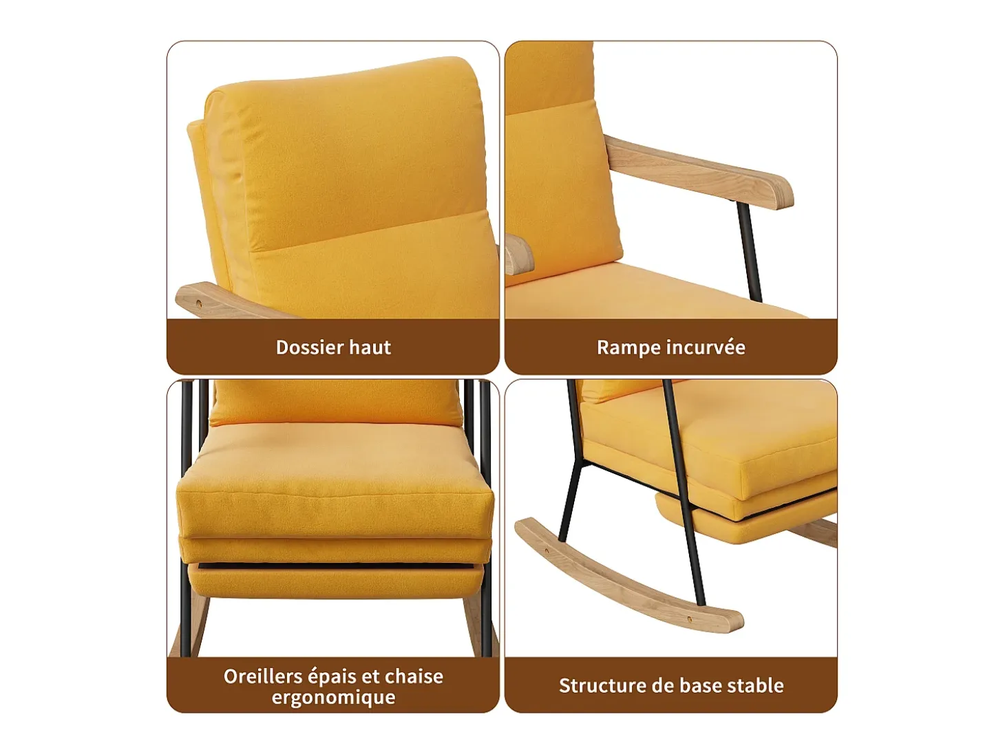 Mecedora ergonómica con reposapiés extensible, reclinable, en tejido de mezcla de algodón y lino, color amarillo