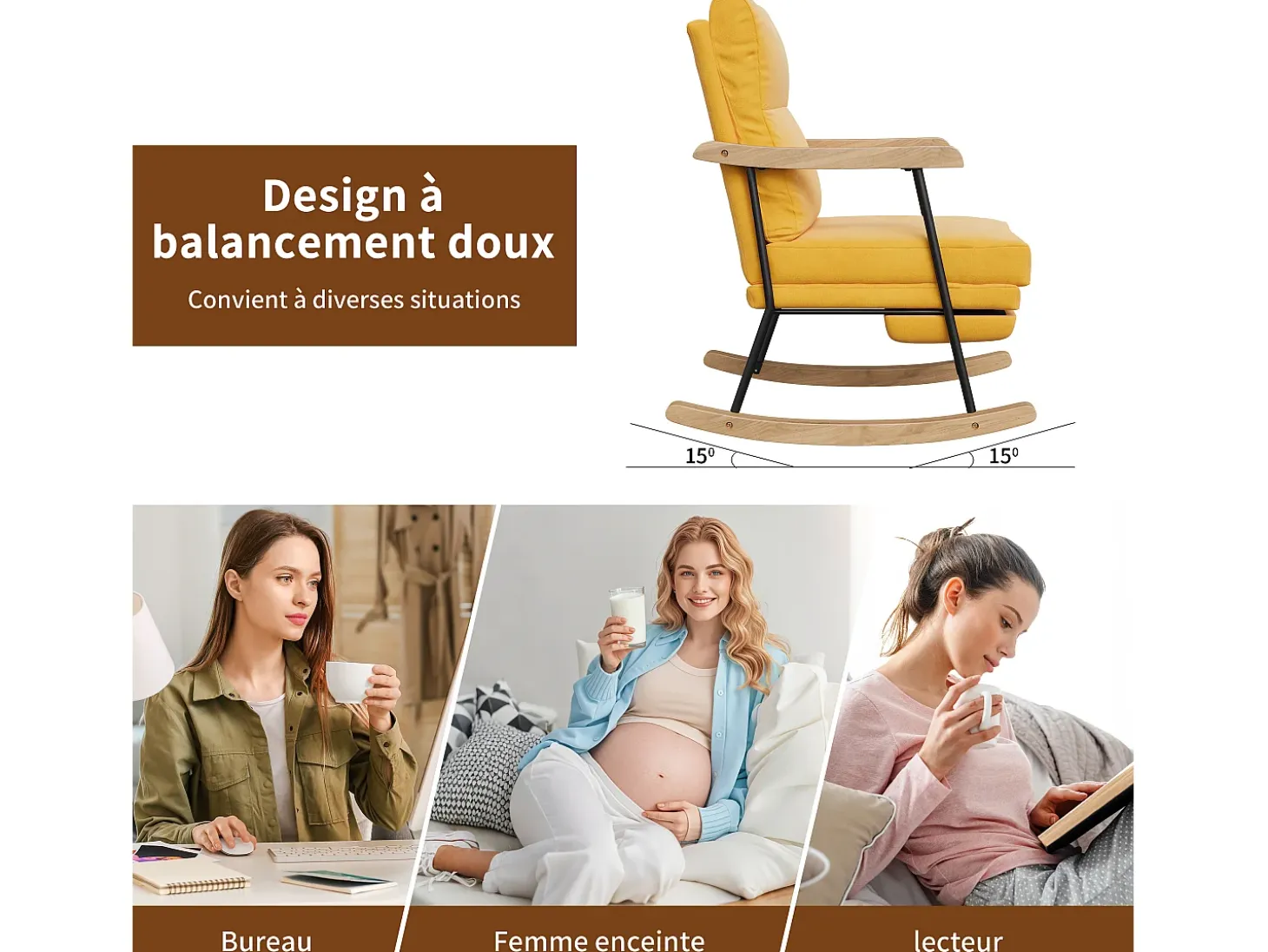 Mecedora ergonómica con reposapiés extensible, reclinable, en tejido de mezcla de algodón y lino, color amarillo