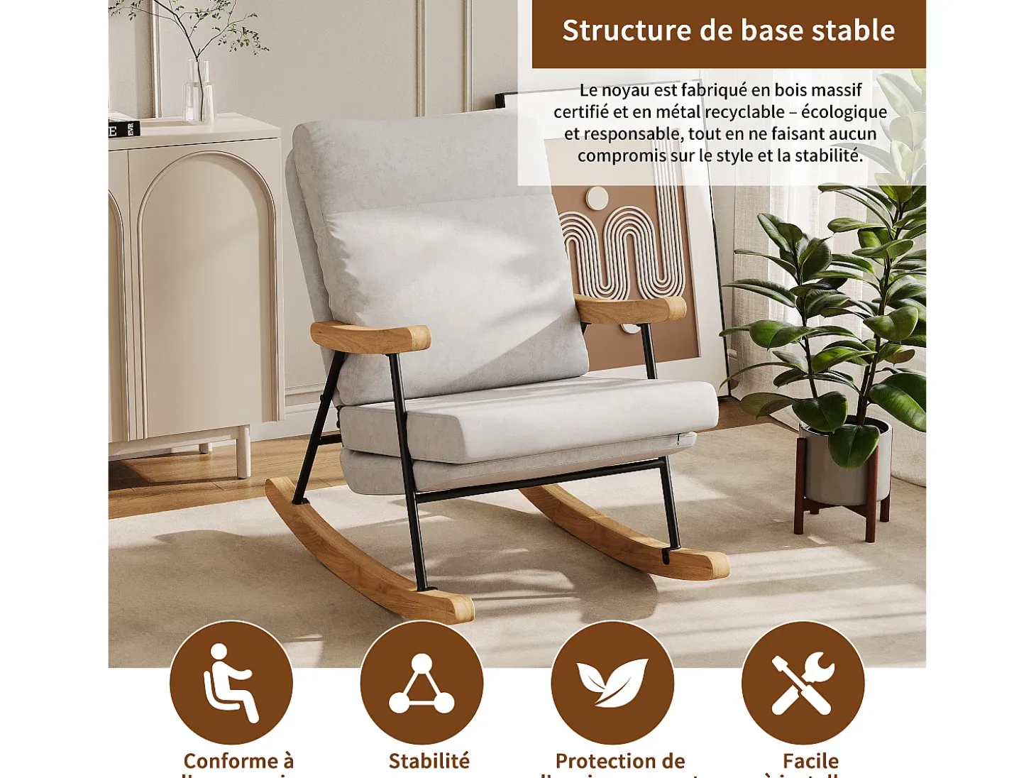 Mecedora ergonómica en mezcla de algodón y lino - gris - para salón y balcón