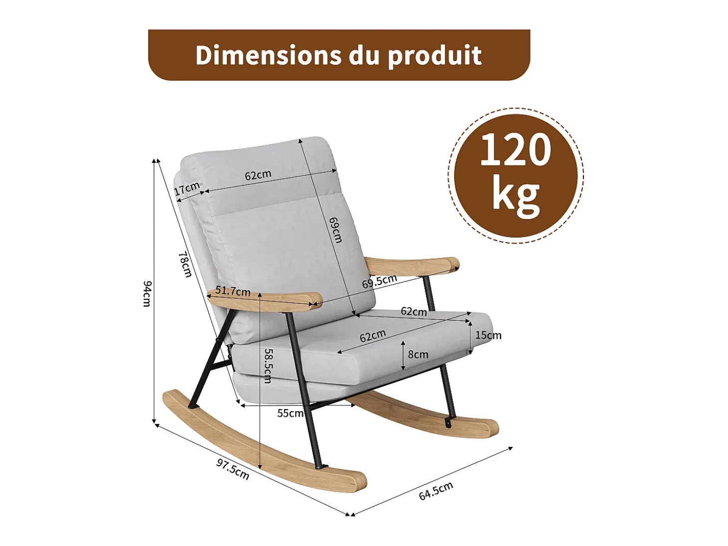 Mecedora ergonómica en mezcla de algodón y lino - gris - para salón y balcón
