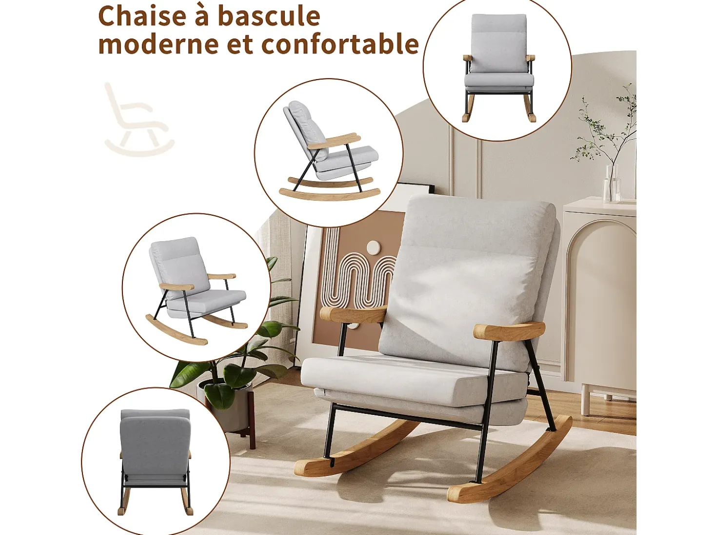 Mecedora ergonómica en mezcla de algodón y lino - gris - para salón y balcón