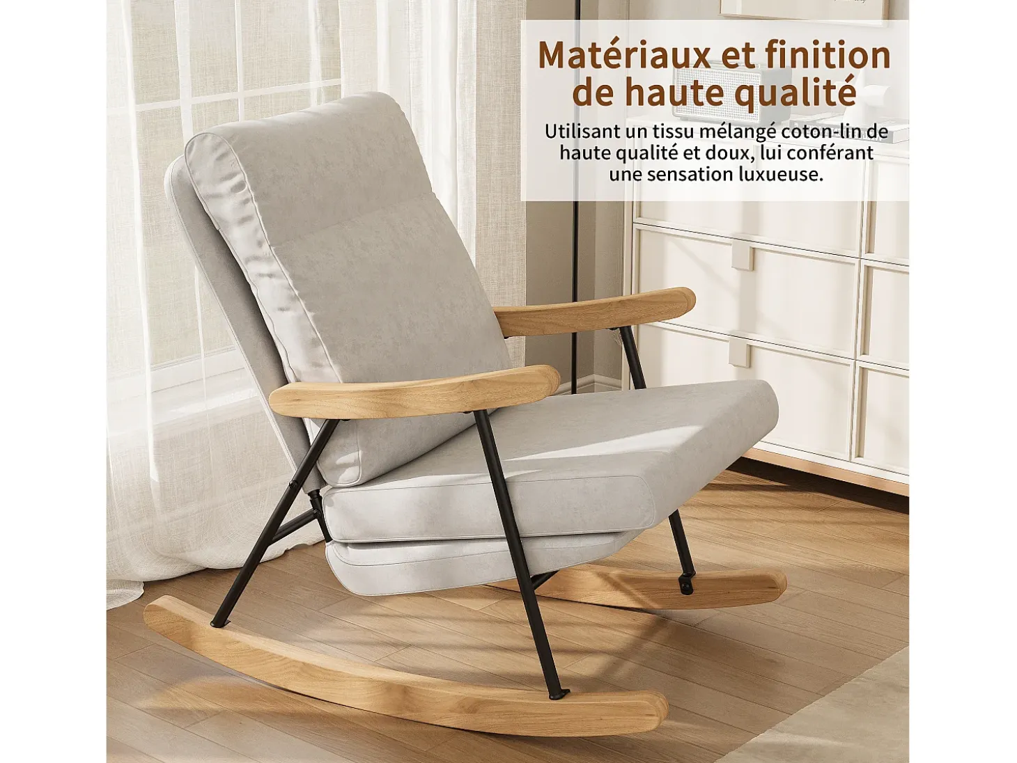 Mecedora ergonómica en mezcla de algodón y lino - gris - para salón y balcón
