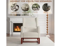 Mecedora, Mecedora con Reposapiés Retráctil, Mecedora de Madera Maciza con Respaldo Alto para Sala de Estar, Dormitorio, Hasta 150 kg - Beige