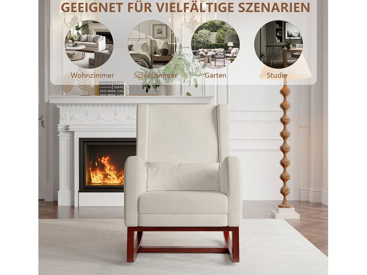 Mecedora, Mecedora con Reposapiés Retráctil, Mecedora de Madera Maciza con Respaldo Alto para Sala de Estar, Dormitorio, Hasta 150 kg - Beige