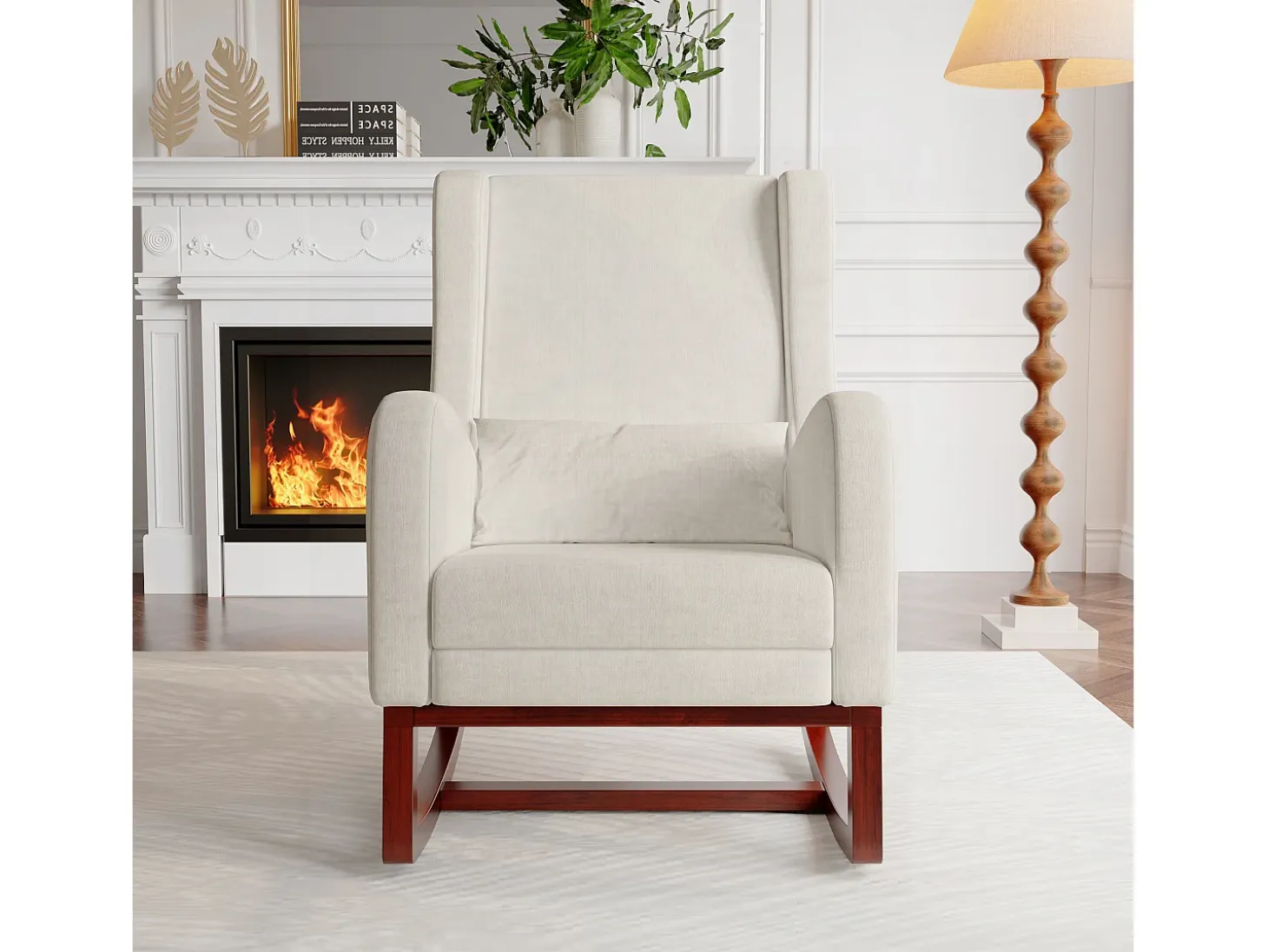 Mecedora, Mecedora con Reposapiés Retráctil, Mecedora de Madera Maciza con Respaldo Alto para Sala de Estar, Dormitorio, Hasta 150 kg - Beige