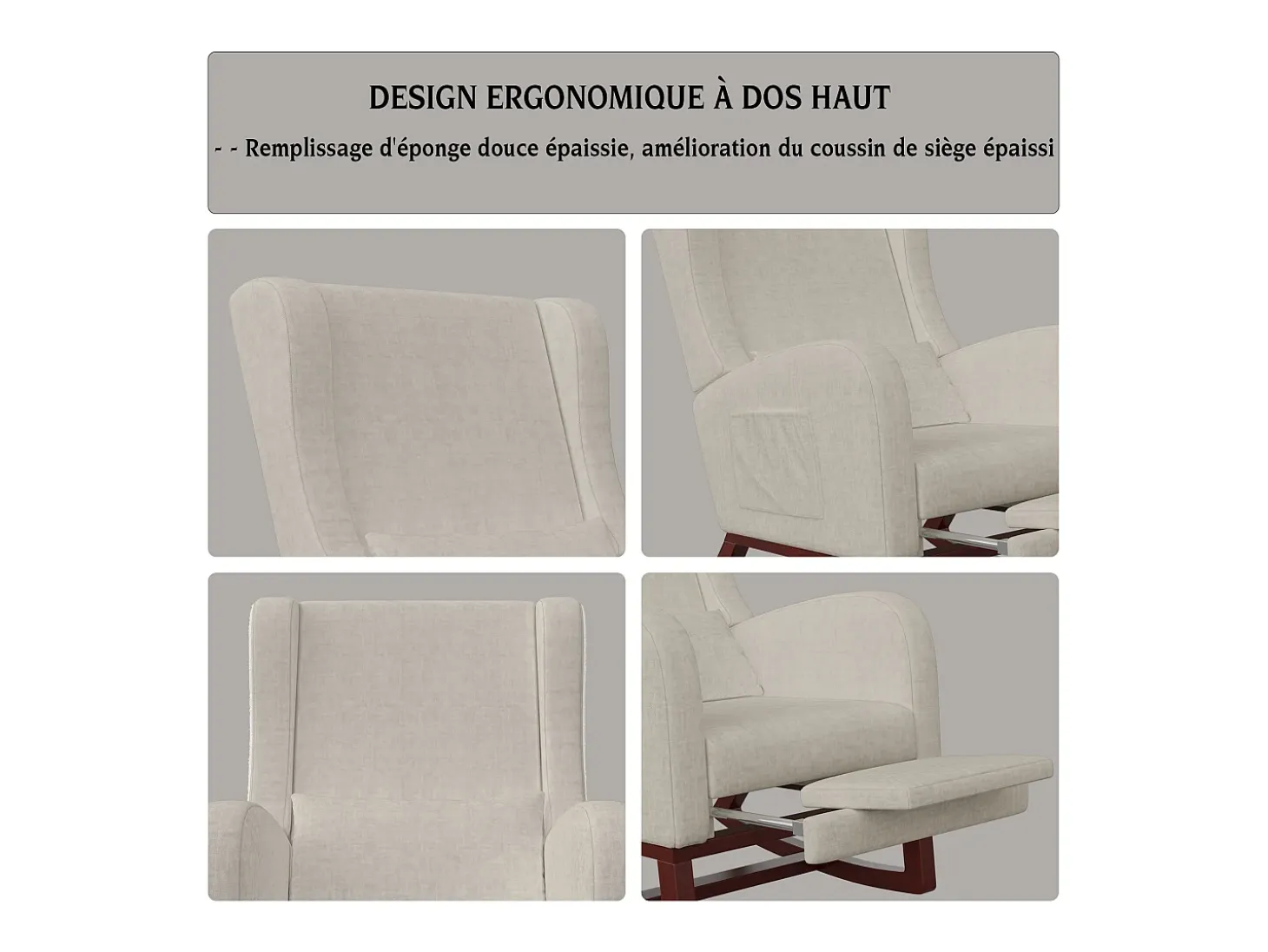 Mecedora, Mecedora con Reposapiés Retráctil, Mecedora de Madera Maciza con Respaldo Alto para Sala de Estar, Dormitorio, Hasta 150 kg - Beige