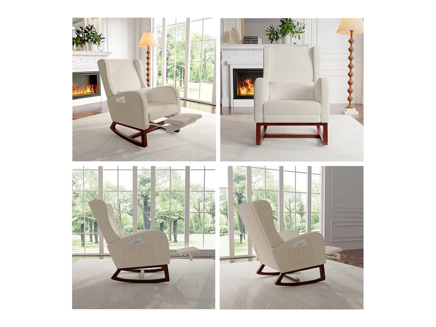 Mecedora, Mecedora con Reposapiés Retráctil, Mecedora de Madera Maciza con Respaldo Alto para Sala de Estar, Dormitorio, Hasta 150 kg - Beige