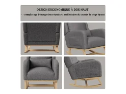 Mecedora moderna en tela de peluche con asiento acolchado de espuma y estructura de madera.