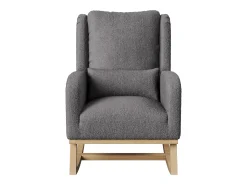 Mecedora moderna en tela de peluche con asiento acolchado de espuma y estructura de madera.