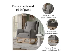 Mecedora moderna en tela de peluche con asiento acolchado de espuma y estructura de madera.