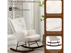 Mecedora moderna tapizada en terciopelo para sala de estar, con respaldo alto y patas de madera, color beige