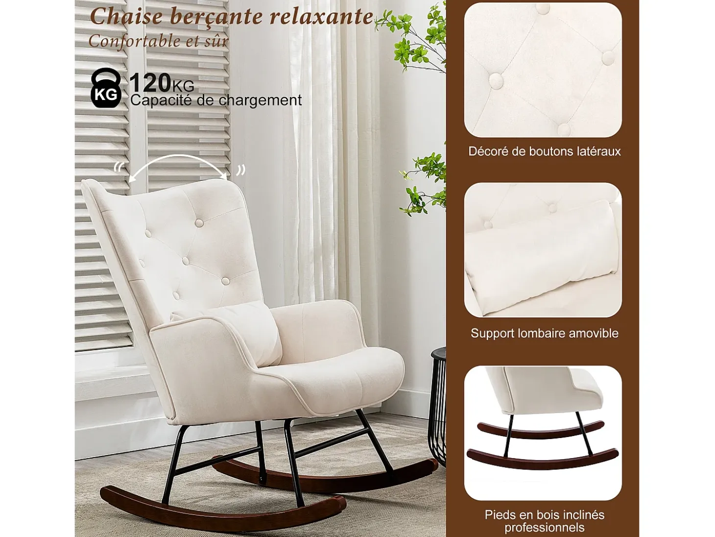 Mecedora moderna tapizada en terciopelo para sala de estar, con respaldo alto y patas de madera, color beige