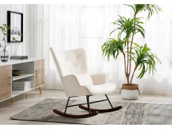 Mecedora moderna tapizada en terciopelo para sala de estar, con respaldo alto y patas de madera, color beige