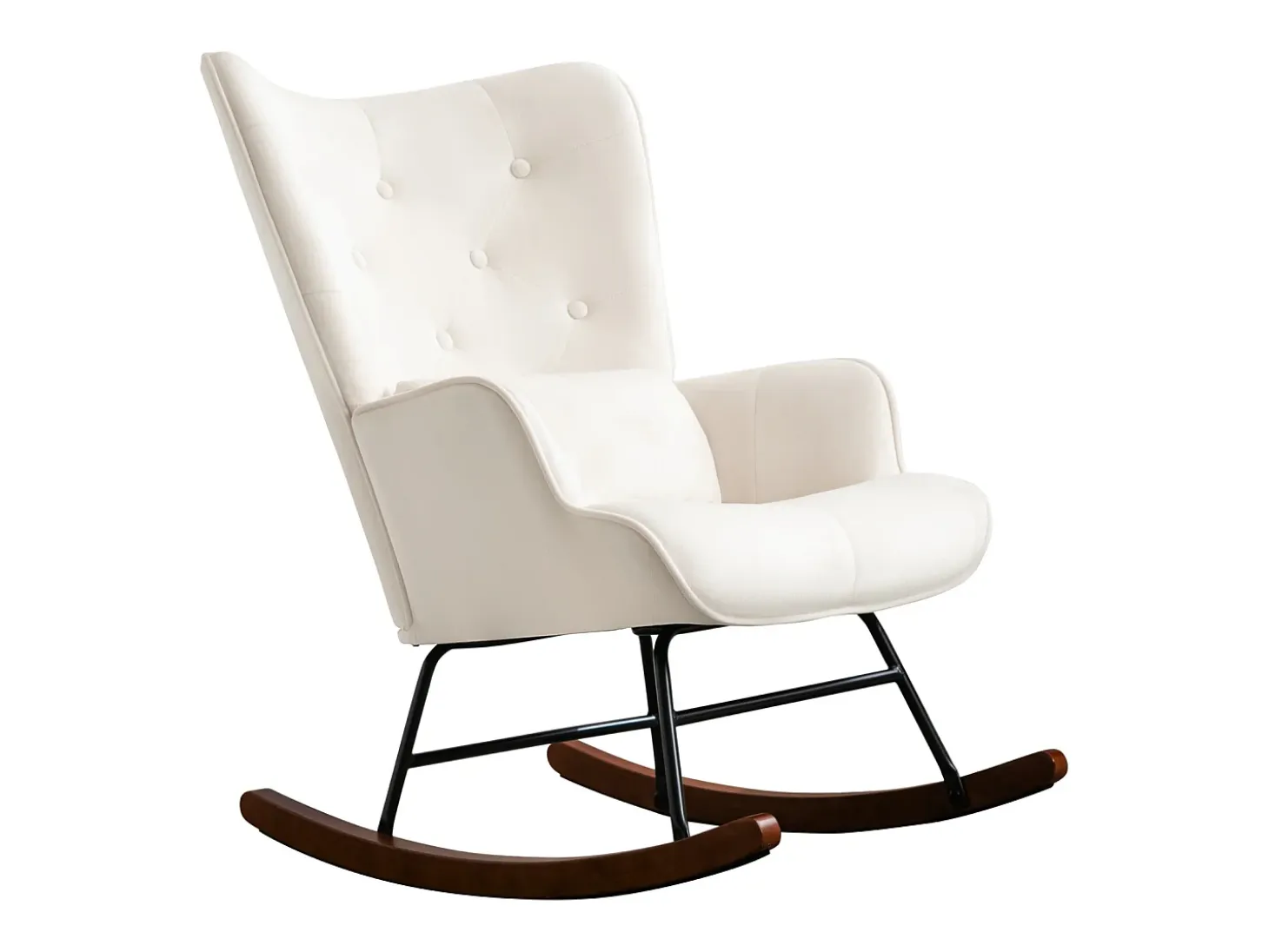 Mecedora moderna tapizada en terciopelo para sala de estar, con respaldo alto y patas de madera, color beige