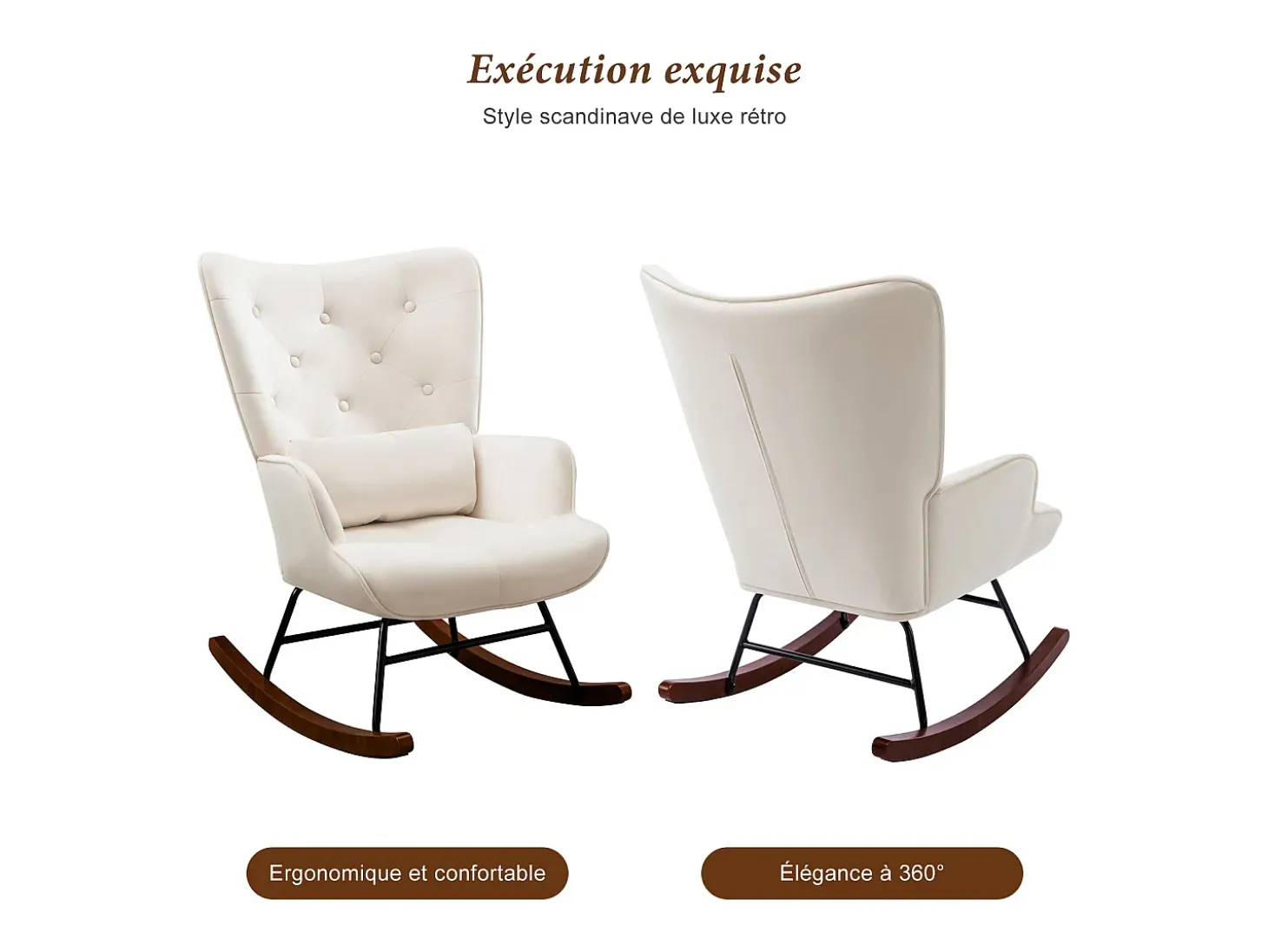 Mecedora moderna tapizada en terciopelo para sala de estar, con respaldo alto y patas de madera, color beige
