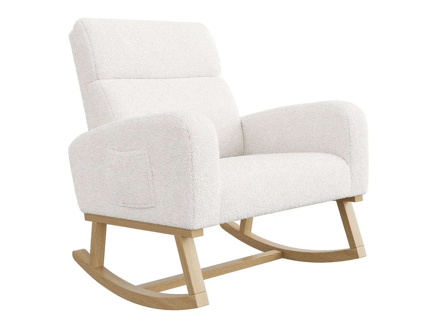 Mecedora, sillón relax, con bolsillos y patas de madera, terciopelo Teddy beige