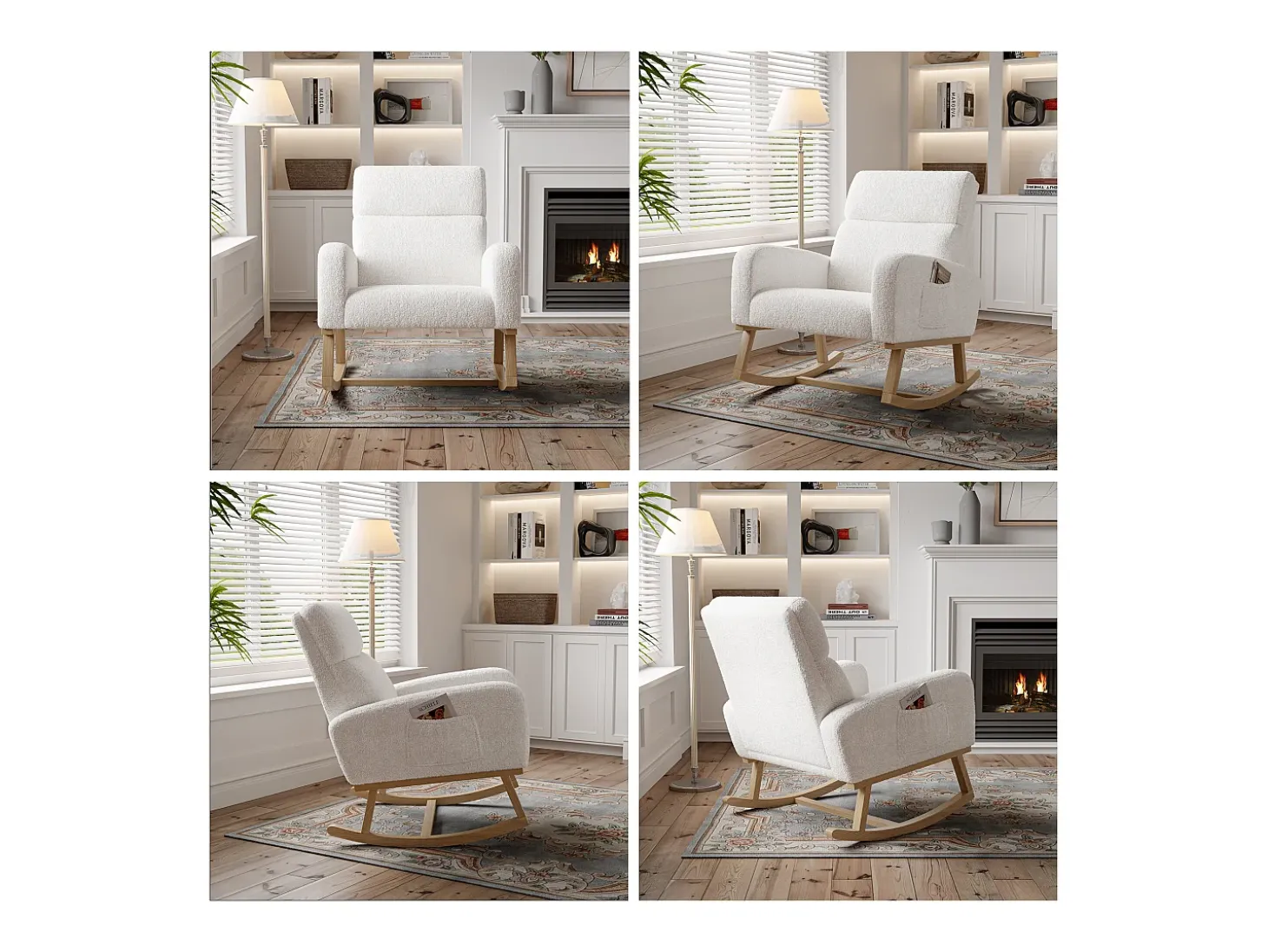 Mecedora, sillón relax, con bolsillos y patas de madera, terciopelo Teddy beige