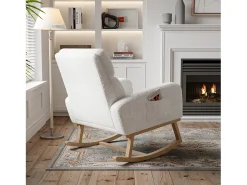 Mecedora, sillón relax, con bolsillos y patas de madera, terciopelo Teddy beige