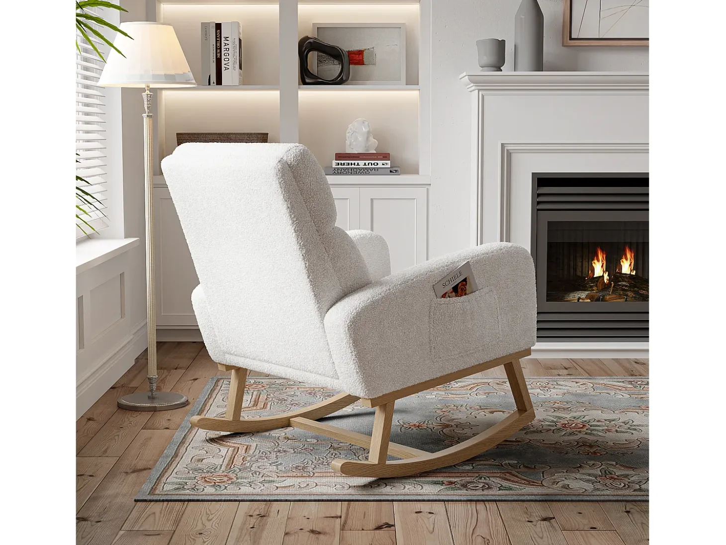 Mecedora, sillón relax, con bolsillos y patas de madera, terciopelo Teddy beige