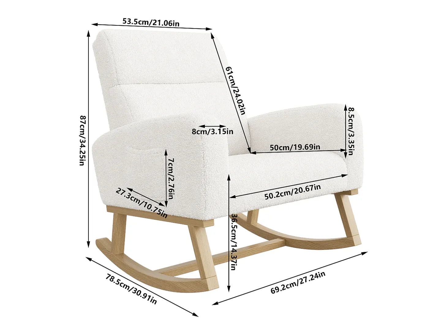 Mecedora, sillón relax, con bolsillos y patas de madera, terciopelo Teddy beige