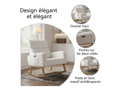Mecedora, sillón relax, con bolsillos y patas de madera, terciopelo Teddy beige