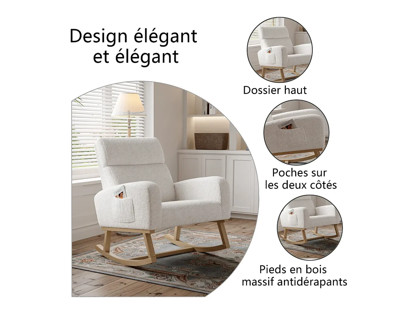 Mecedora, sillón relax, con bolsillos y patas de madera, terciopelo Teddy beige