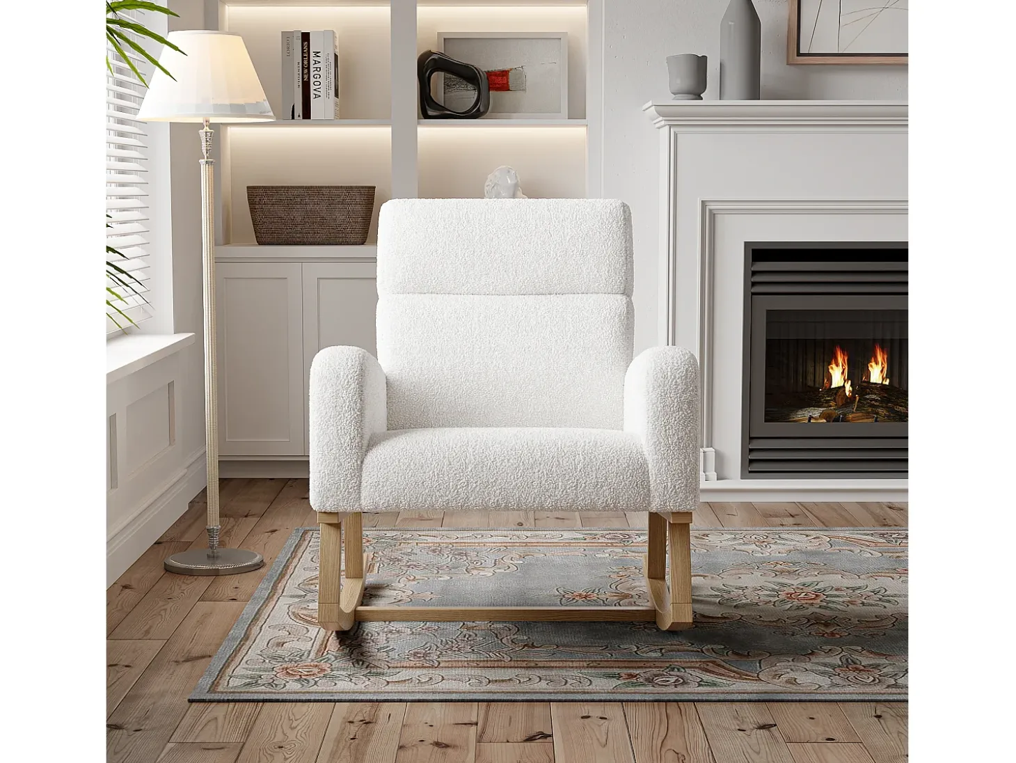 Mecedora, sillón relax, con bolsillos y patas de madera, terciopelo Teddy beige