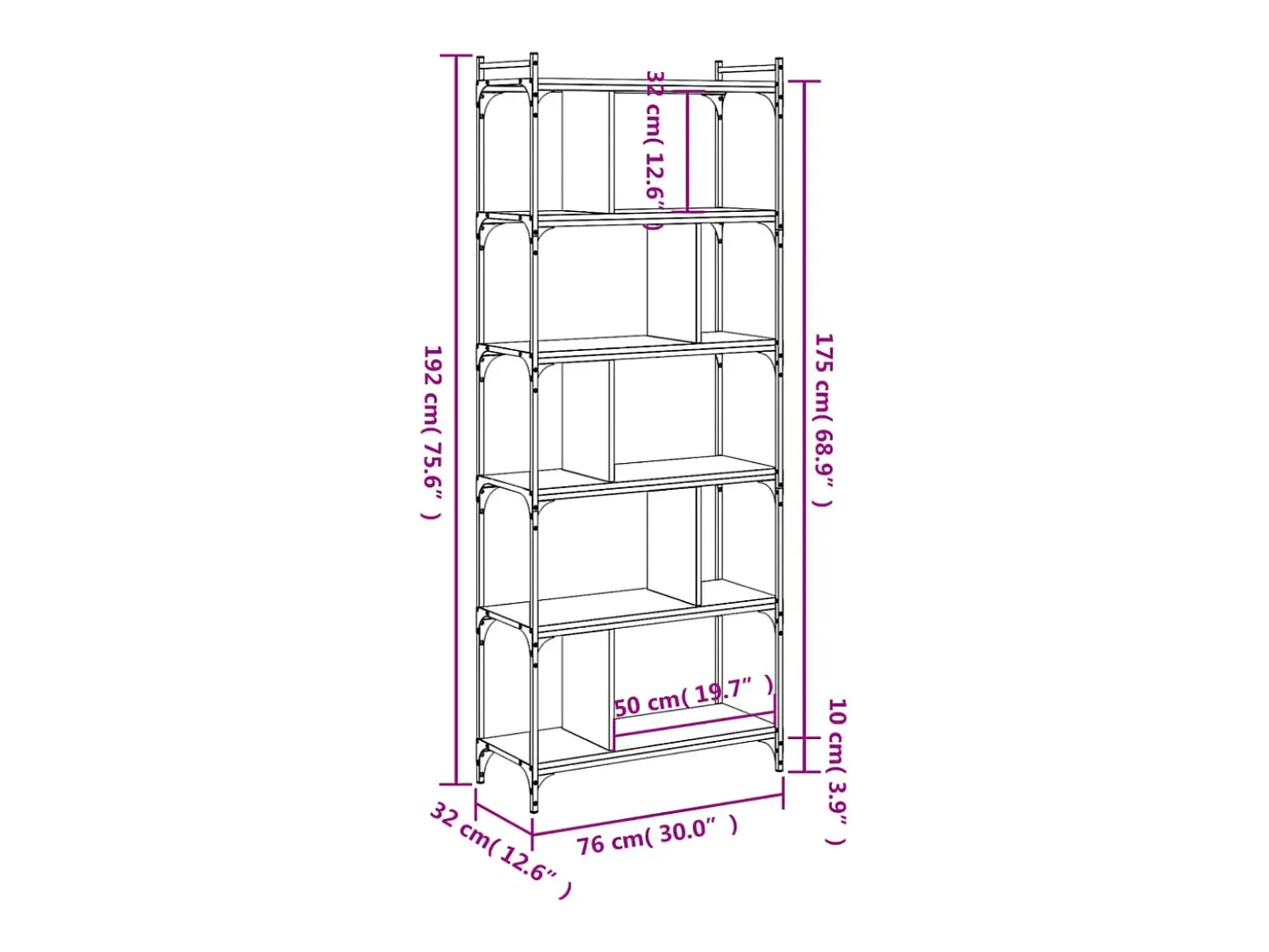 Merse Librería 6 estantes madera ingeniería gris Sonoma 76x32x192 cm