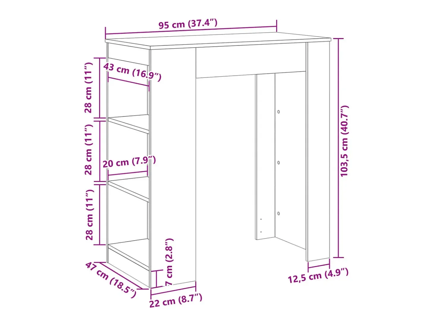 Mesa alta con estantes madera ingeniería blanca 95x47x103,5 cm