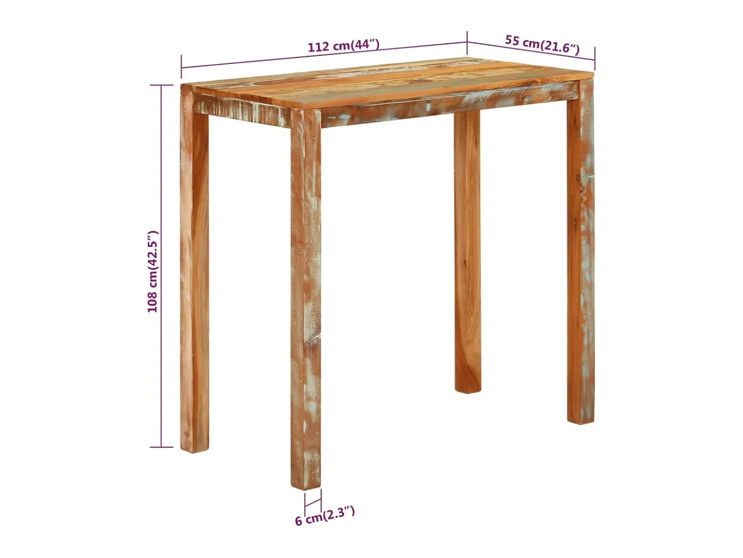 Mesa alta de bar madera maciza reciclada 112x55x108 cm