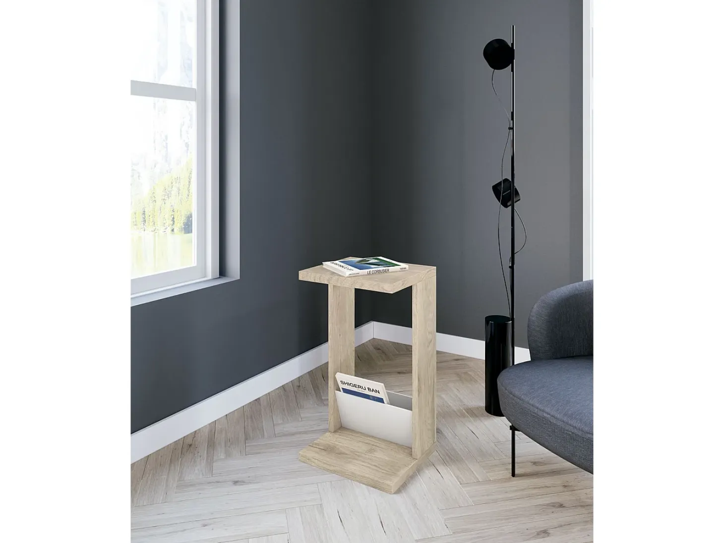 Mesa auxiliar - A70cm x L40cm x P35cm roble claro y blanco -Trébol