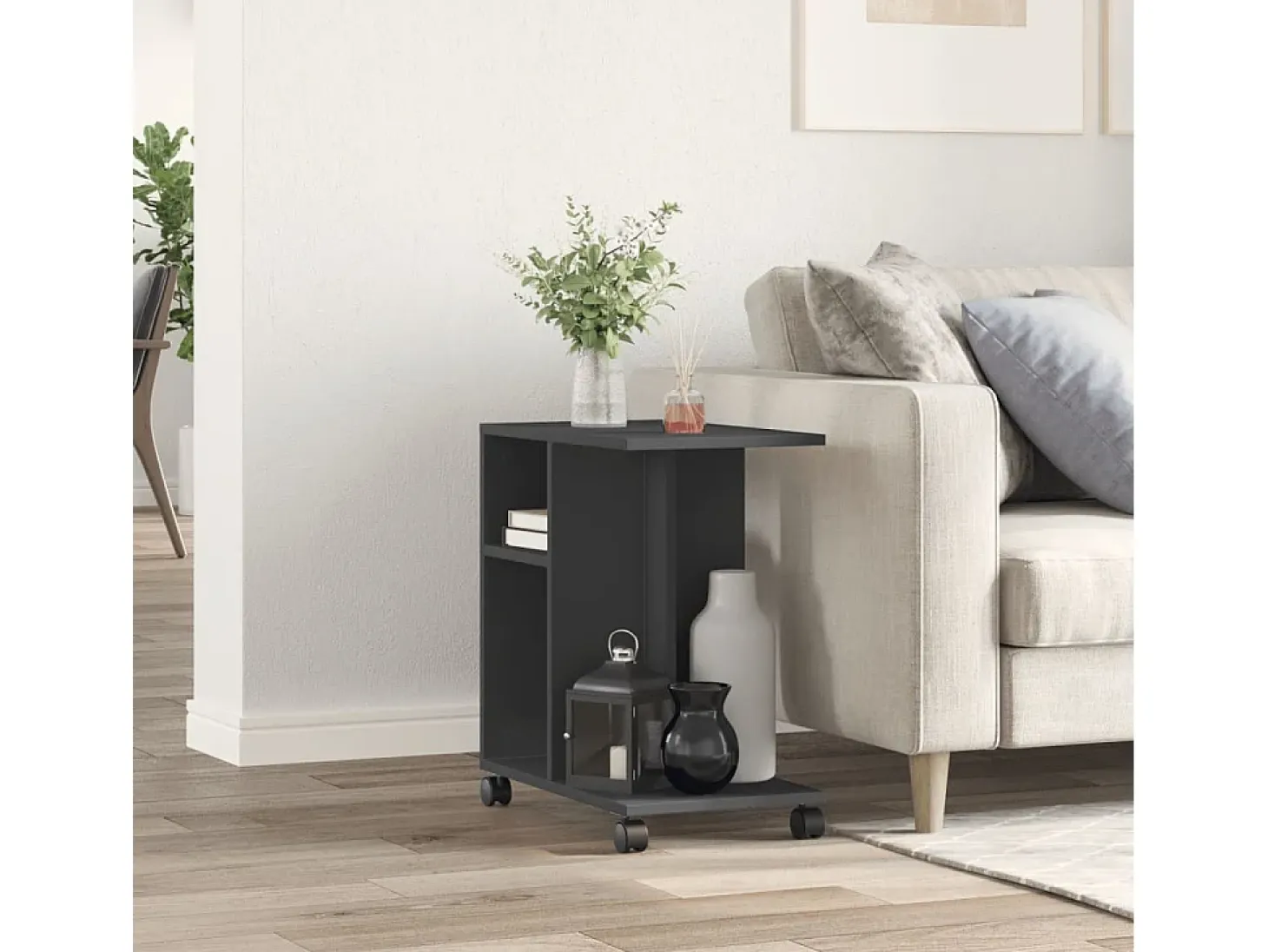 Mesa auxiliar con ruedas madera de ingeniería negra 50x30x55 cm ES723172
