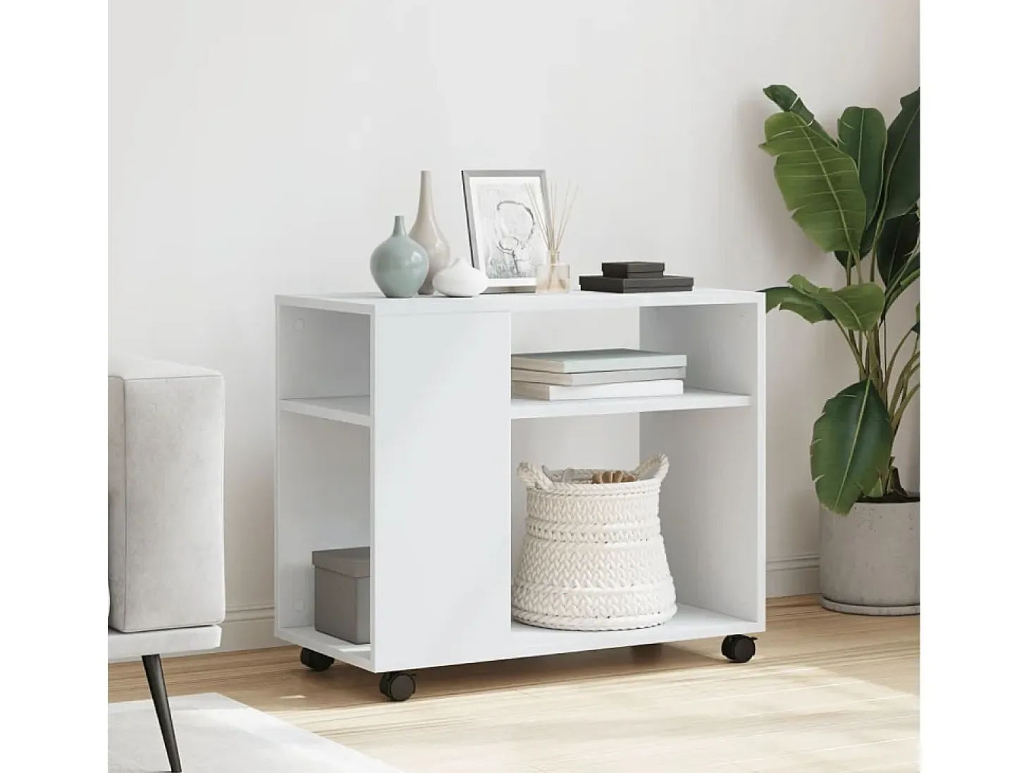 Mesa auxiliar con ruedas madera ingeniería blanco 70x35x60 cm