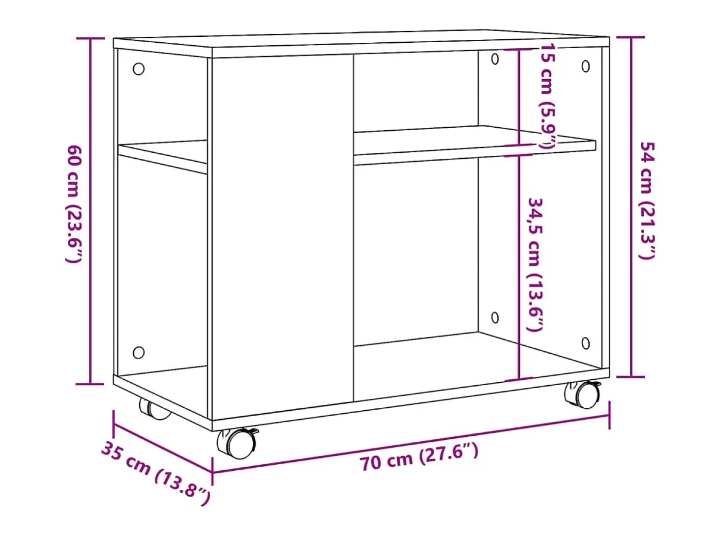 Mesa auxiliar con ruedas madera ingeniería blanco 70x35x60 cm