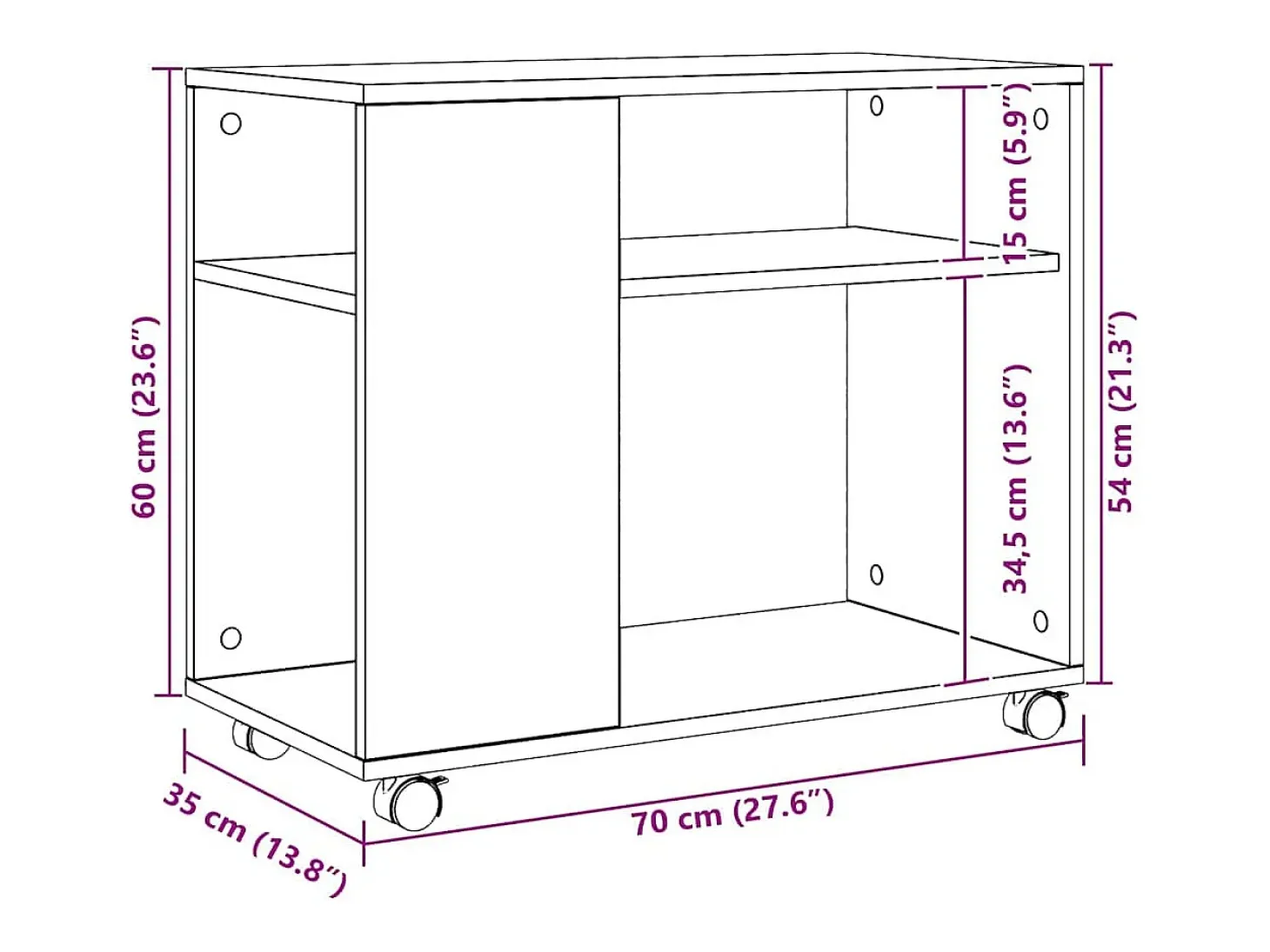 Mesa auxiliar con ruedas madera roble Sonoma 70x35x60 cm