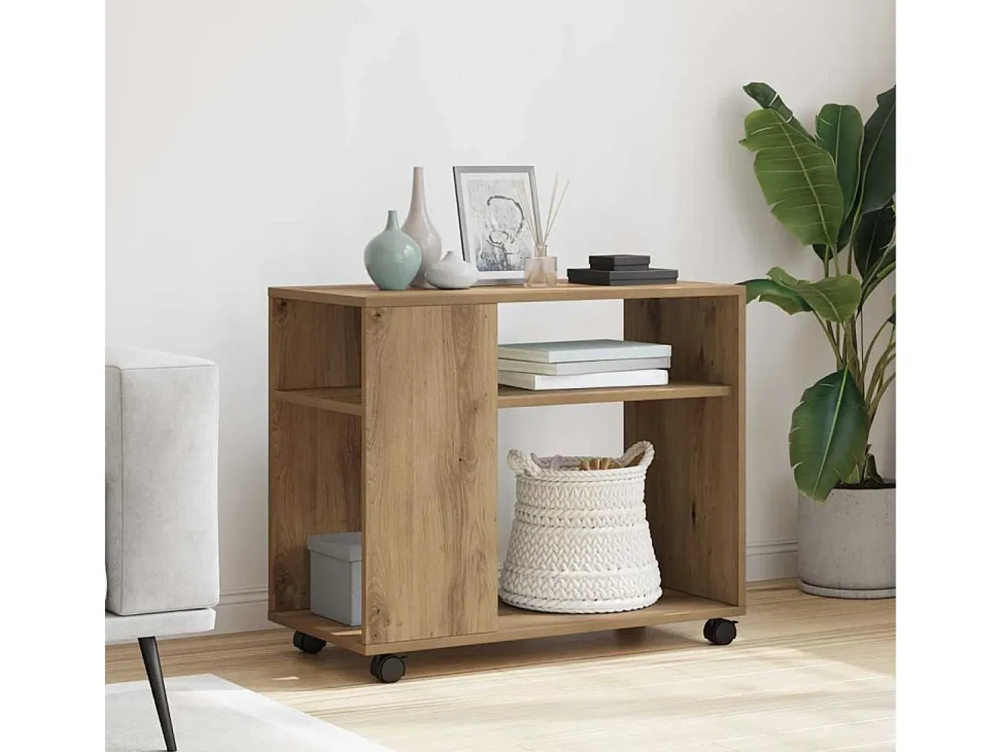Mesa auxiliar con ruedas madera roble Sonoma 70x35x60 cm