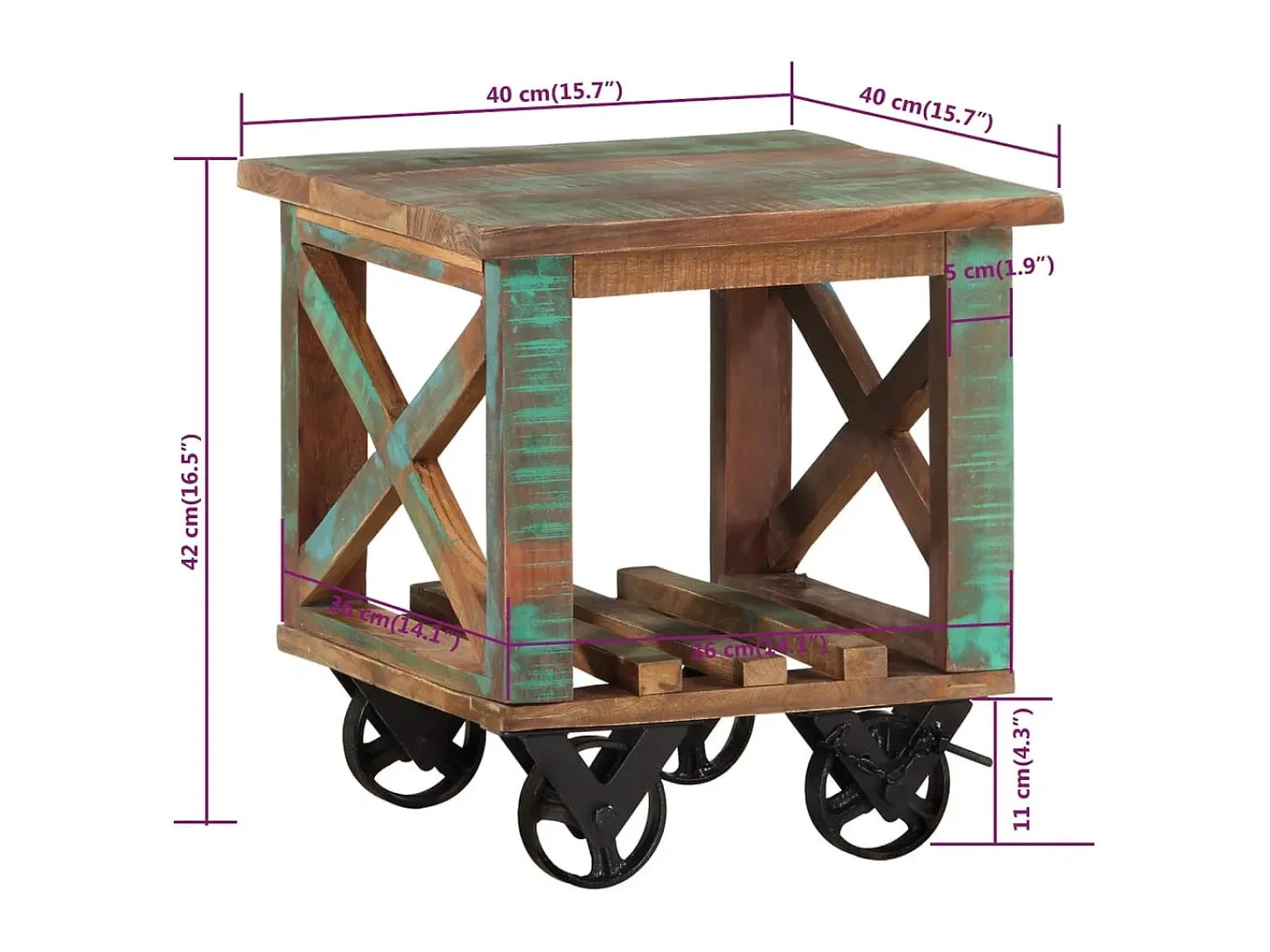 Mesa auxiliar con ruedas madera maciza reciclada 40x40x42 cm