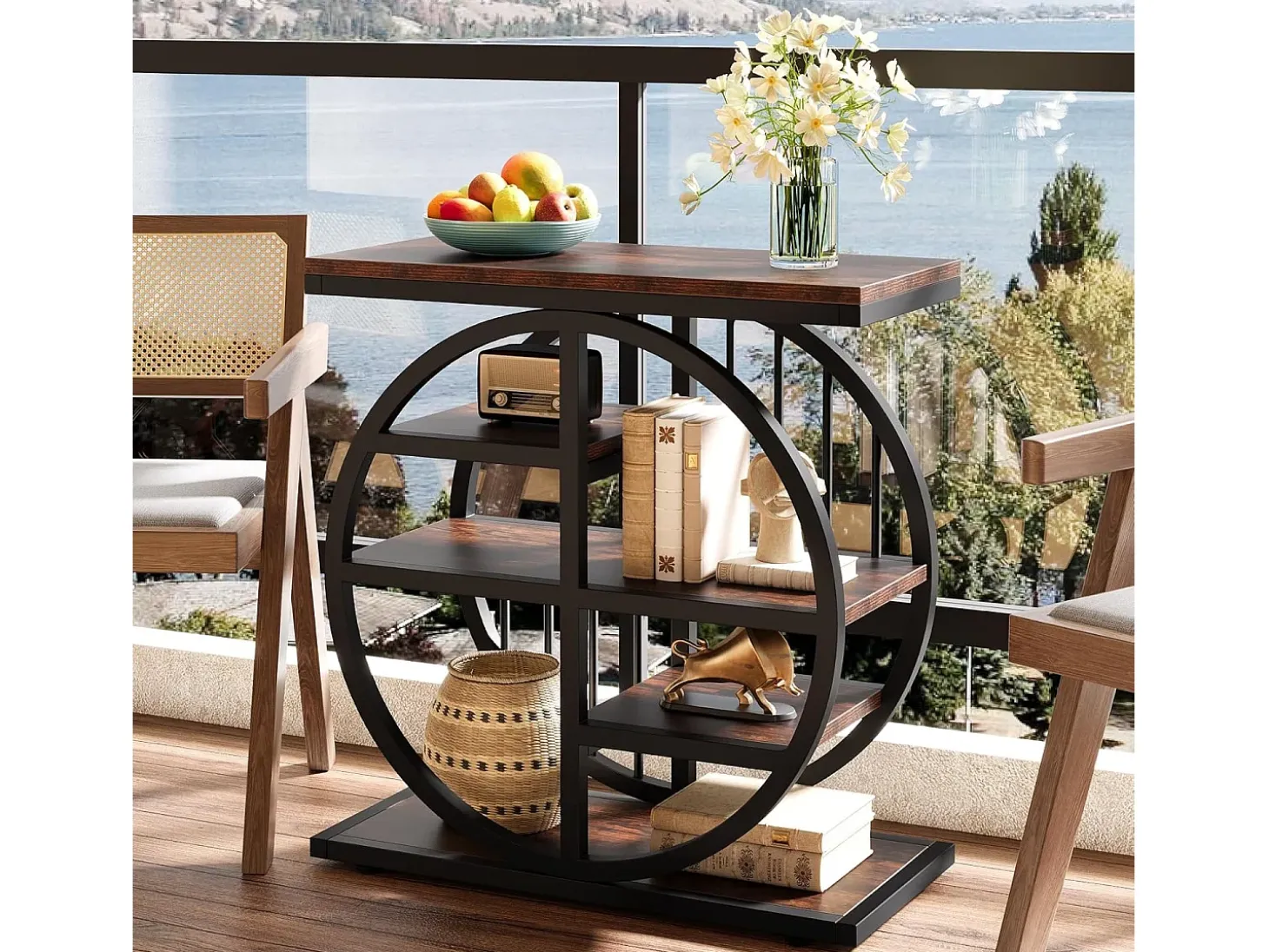 Mesa auxiliar de 5 niveles en madera fina de 60 x 30 cm. Mesa baja con marco de metal. Mesa auxiliar industrial