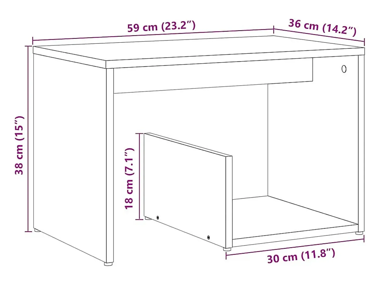 Mesa auxiliar de madera contrachapada envejecida 59x36x38 cm