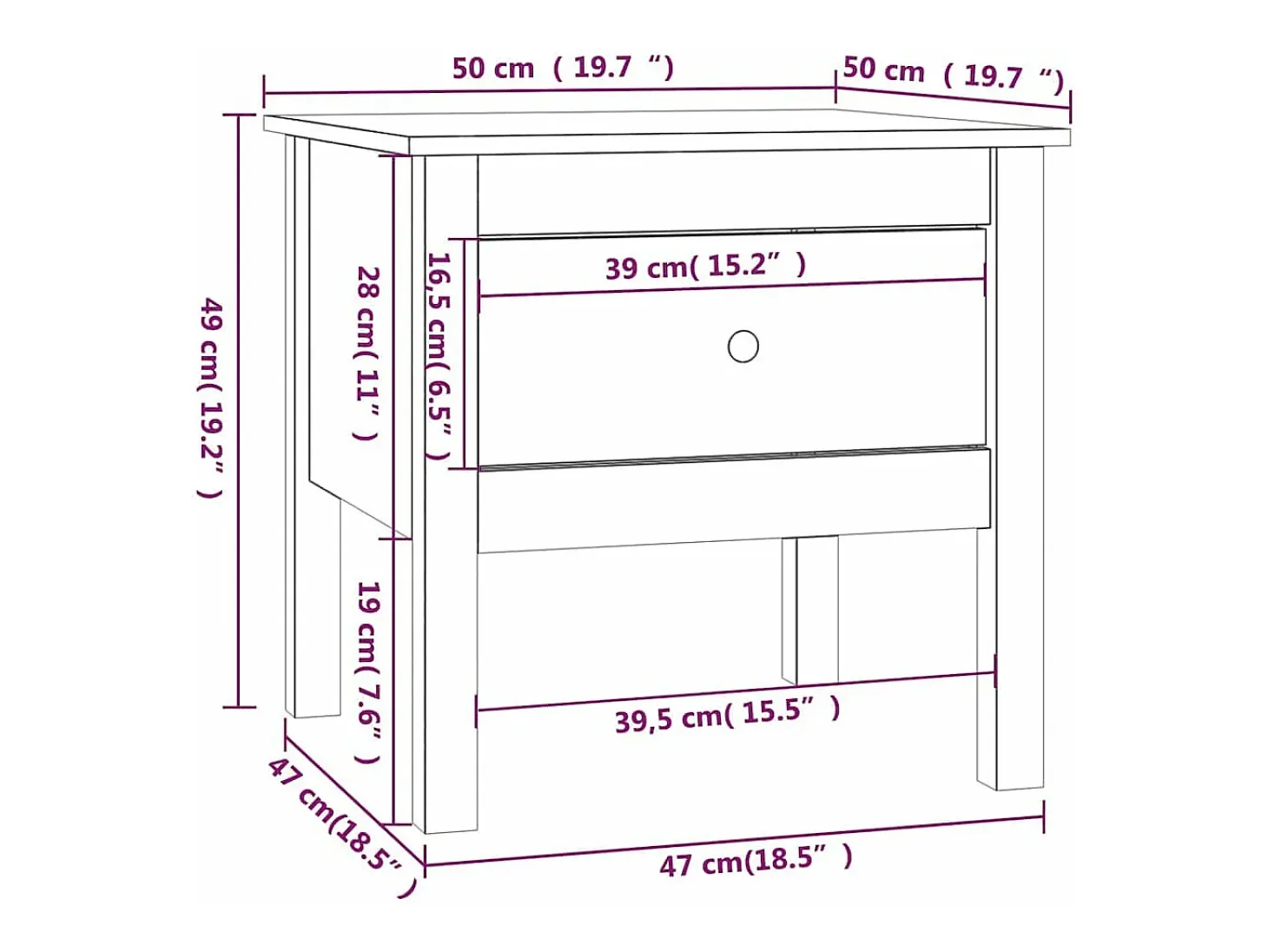 Mesa auxiliar de madera maciza de pino negro 50x50x49 cm