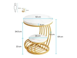 Mesa auxiliar de mármol artificial de dos niveles, Mesa de noche moderna en oro blanco con marco en forma de arco de metal para el salón (1 unidad)
