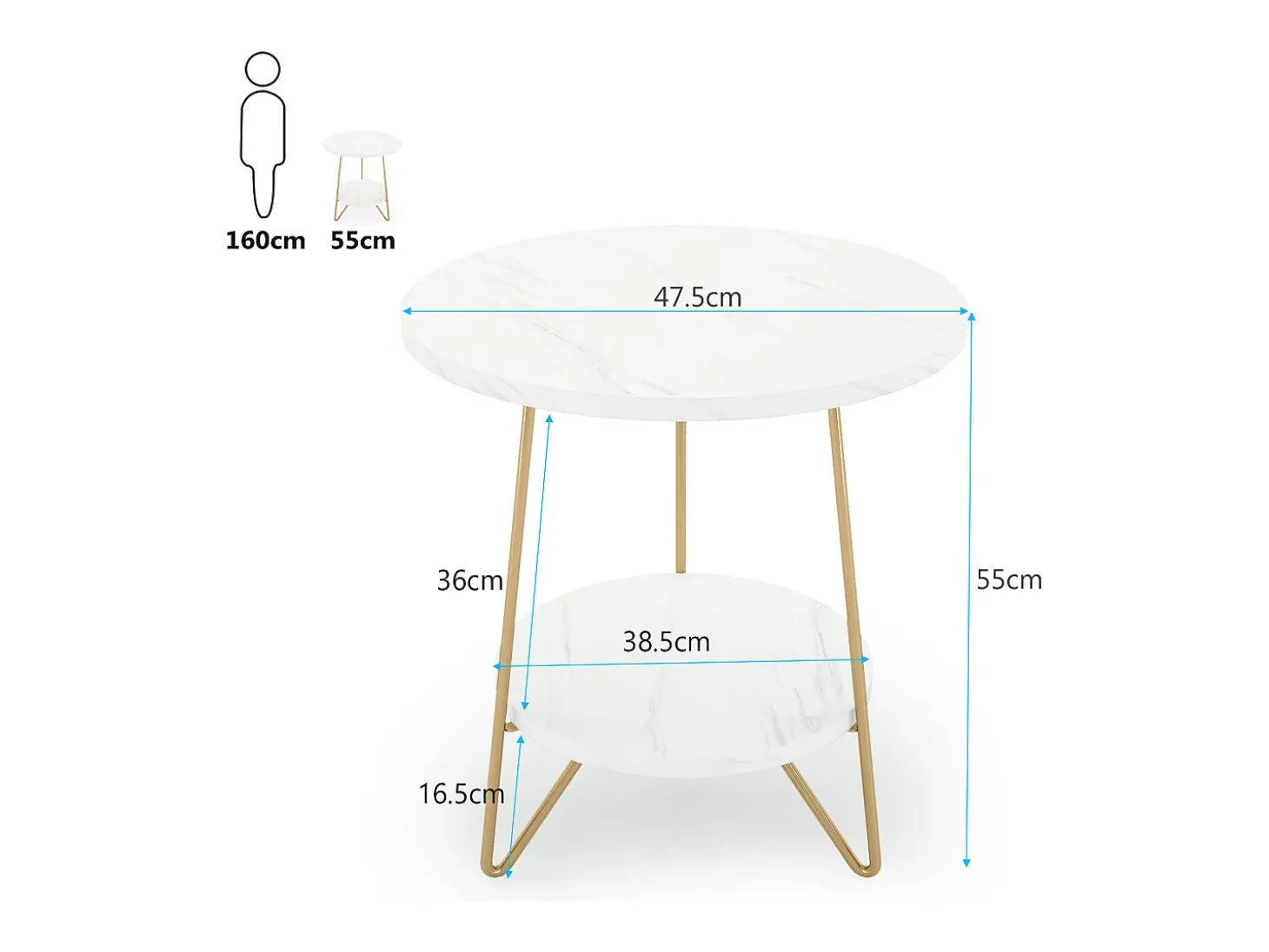 Mesa auxiliar de mármol artificial de dos niveles, Mesa auxiliar redonda con estanterías, Mesa de noche moderna dorada, Blanca y dorada