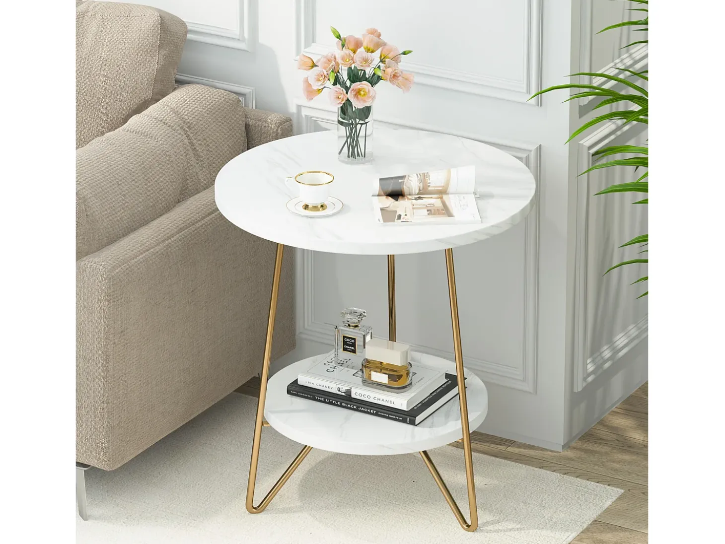 Mesa auxiliar de mármol artificial de dos niveles, Mesa auxiliar redonda con estanterías, Mesa de noche moderna dorada, Blanca y dorada