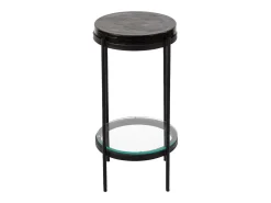 Mesa auxiliar de vidrio gris Lise con tablero depurado y base vintage de metal negro