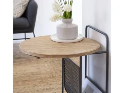 Mesa auxiliar industrial de madera de abeto y metal Denise con portarevistas