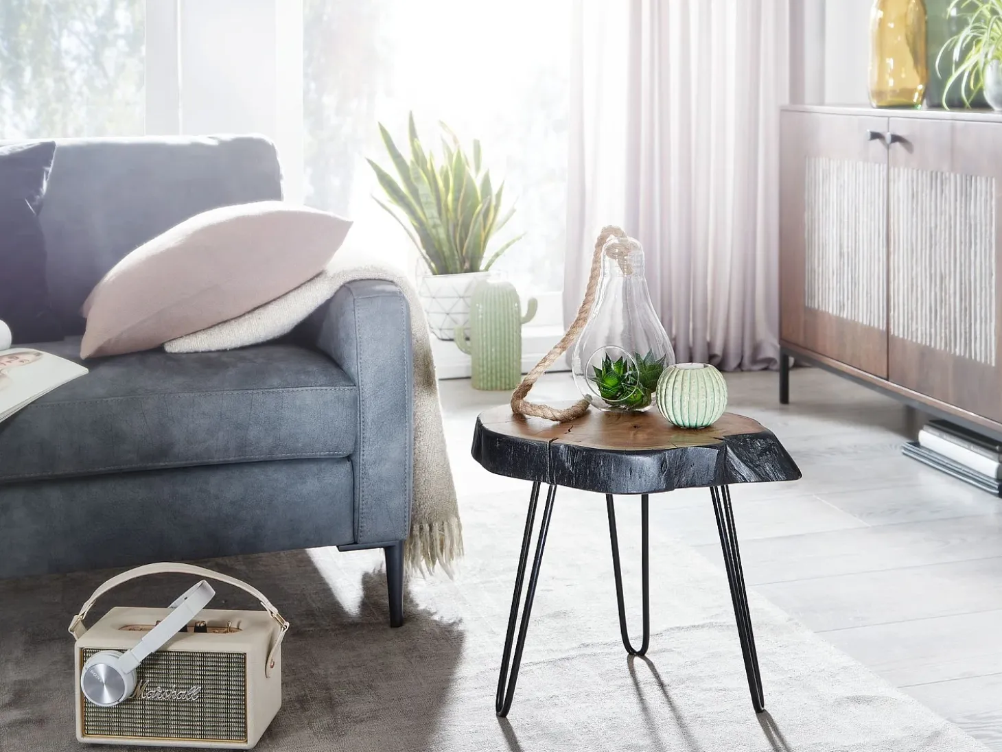 Mesa auxiliar madera maciza de acacia / metal industrial 40x40x32cm