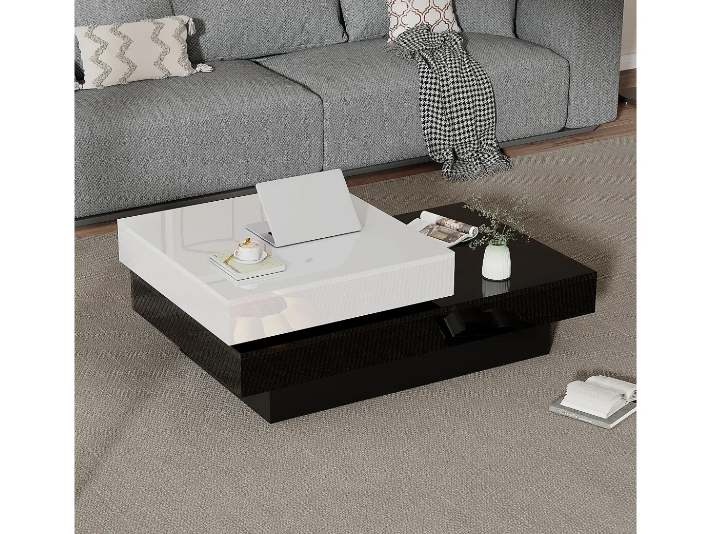 Mesa auxiliar moderna minimalista brillante 103 x 60 x 35.5 cm - Tablero giratorio - Almacenamiento abierto - Negro y blanco