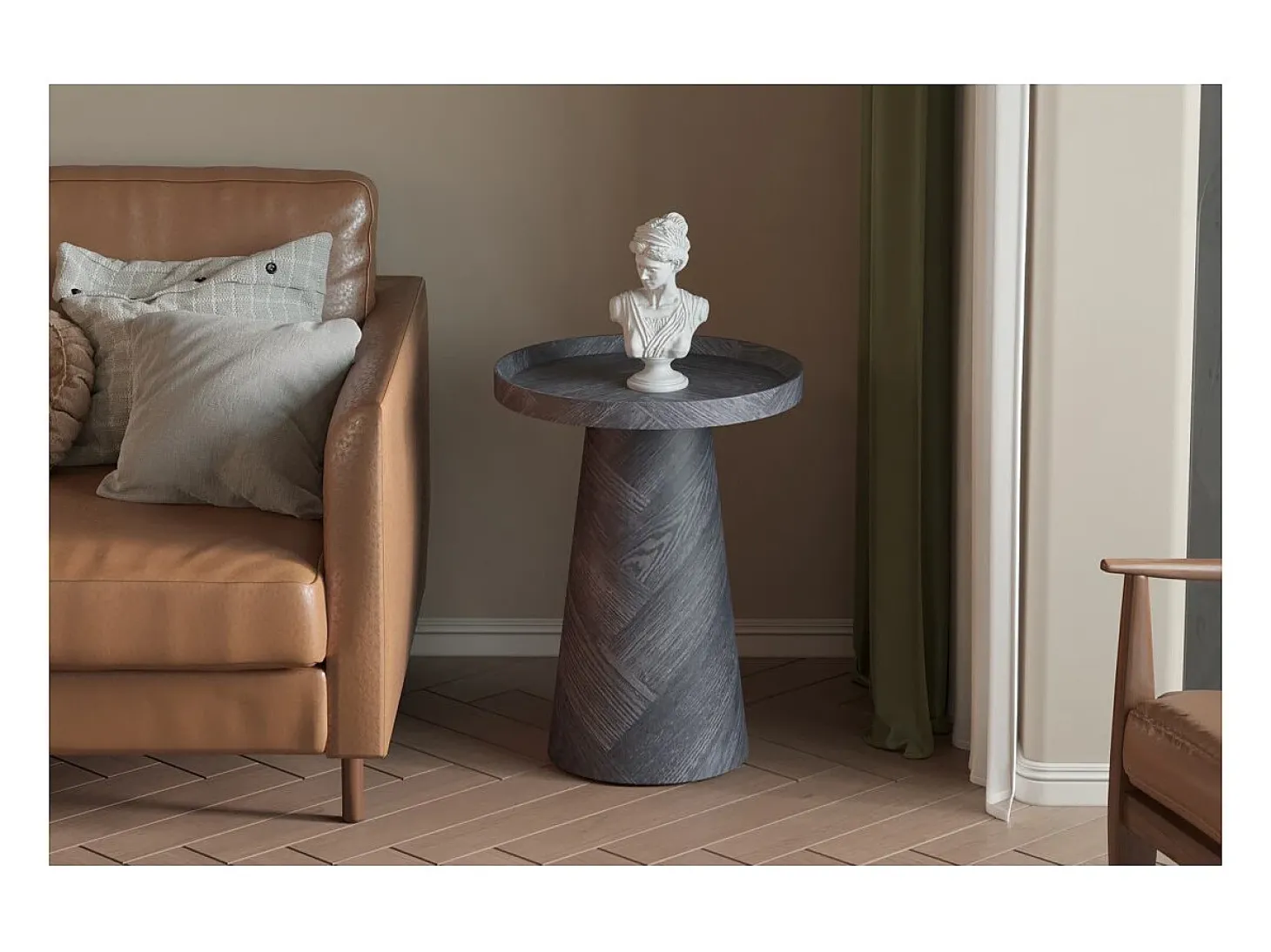 Mesa auxiliar redonda colección CARVELA – Decoración gris oscuro – Borde elevado – D45 x H57 cm