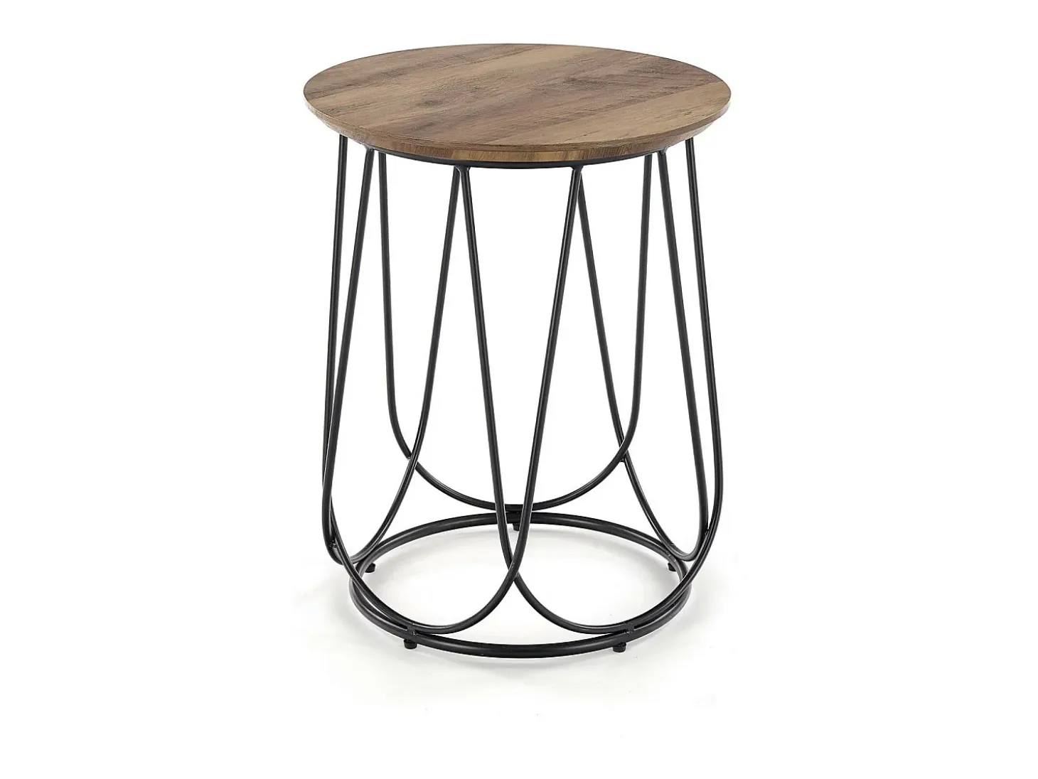 Mesa auxiliar redonda con tablero de aspecto nogal y base de diseño Bocage de acero negro