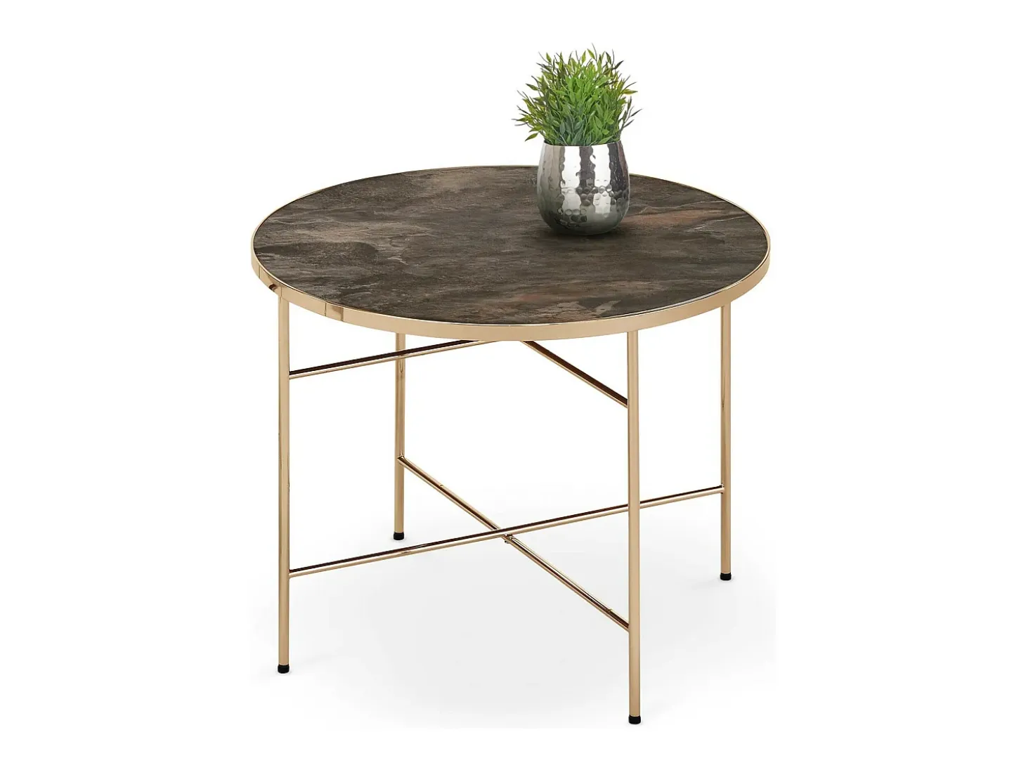 Mesa auxiliar redonda de 60 cm con tablero estilo mármol y patas de metal color champán ATLAS